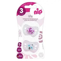Пустышка Nip Чудесная жизнь № 3, силиконовая, 16-32 мес., 2 шт., белый с розовым (31303)