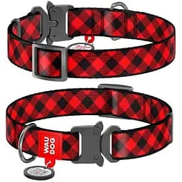 Ошейник для собак Waudog Nylon нейлоновый c QR паспортом, рисунок Шотландка красная, металлическая пряжка-фастекс, L, Ш 25 мм, Дл 31-49 см