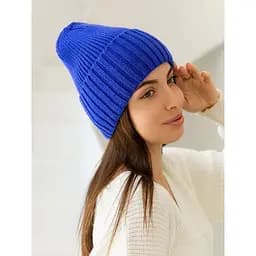 Жіноча в'язана шапка біні класік 20% вовна з відворотом Синій