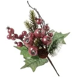 Декоративная ветка хвои 25 см Искусственные материалы для декора и флористики с ягодами Красный