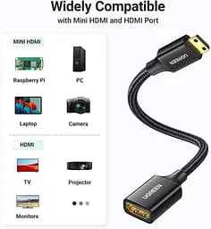 Кабель Ugreen Mini HDMI штекер to HDMI 2.0 роз'єм 4K 60Hz 25CM Black Aluminum Shell Braided (15843) - мініатюра 7