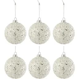 Ялинкові скляні кулі J-line білого і сріблястого кольору з бісером 9 см 6 шт. (27734)