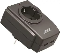 Мережевий адаптер 2E 1XSchuko із захистом від сплесків напруги, 2*USB-A, чорний