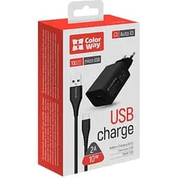 Зарядное устройство ColorWay 1USB AUTO ID 2A (10W) Black + Кабель micro USB 1м Black