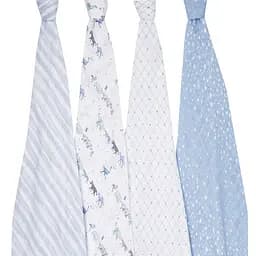 Набір багаторазових муслинових пелюшок Aden+Anais Rising Star, 120х120 см, білий із блакитним, 4 шт. (ASWC40006)