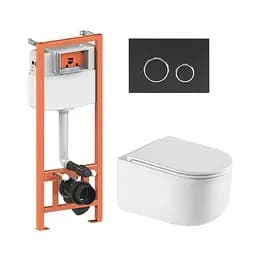 Подвесной унитаз Qtap Taurus Ultra Quiet + инсталляция Qtap Nest 4 в 1 (круглая клавиша Black mat), Белый