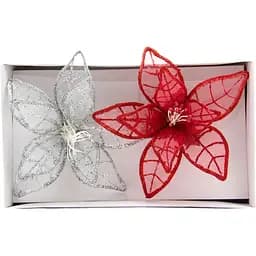Набір ялинкових іграшок квіти на кліпсі Devilon 2 шт 11 см червоний сріблястий органза (780167-1)