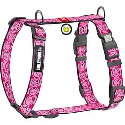 Шлея для собак Waudog Nylon анатомічна H-подібна з QR-паспортом розмір L 2.5х51-85х61-85 см смайли на рожевому