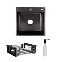 Кухонна мийка Lidz Handmade H5050B інтегрована BlackPVD у комплекті з дозатором та корзиною, Чорний