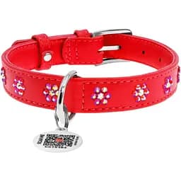 Ошейник для собак Waudog Glamour со стразами Цветочек, кожаный, с QR паспортом, L, 30-39х2 см, красный
