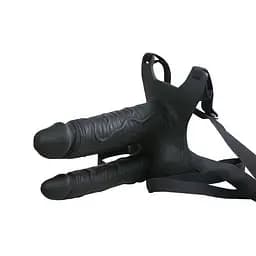 Страпон підвійний порожнистий Lovetoy Vibrating Strap On з вібрацією 10 режимів Чорний K0171-2