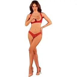 Комплект белья Obsessive Lacelove cupless 2-pcs set M/L Red, открытый доступ, открытая грудь