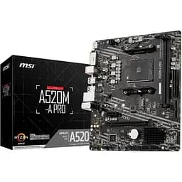 Материнська плата AM4 (A520) MSI A520M-A PRO, A520, 2xDDR4, Int.Video(CPU), 4xSATA3, 1xM.2, 1xPCI-E 16x 3.0, 1xPCI-E 1x 3.0, ALC892, 6xUSB3.2/6xUSB2.0, DVI-D/HDMI, MicroATX
