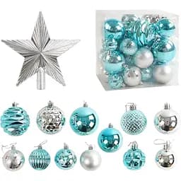 Набір новорічних прикрас 30 кульок з верхівкоюзірочкою у наборі, сріблястого та блакитного кольору (160775)