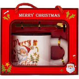 Чашка новогодняя Elisey 9150-021 Funny Santa керамическая с ложкой 300 мл Белая
