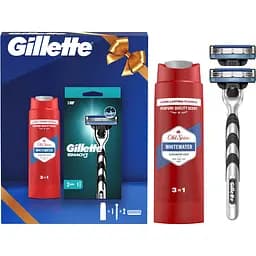 Подарочный набор: станок для бритья мужской Gillette Mach3 с 2 сменными картриджами + гель для душа Old Spice 3-в-1 Whitewater 250 мл