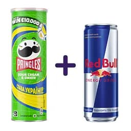 Набір: Чипси Pringles Sour Cream & Onion Сметана та цибуля 165 г + Енергетичний напій Red Bull 355 мл
