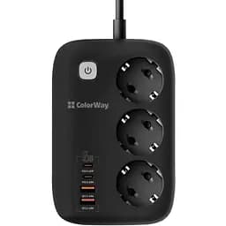 Фильтр сетевой ColorWay GaN3 Pro, 3 розетки, 2 м, Black, 2xUSB (60 Вт, QC3.0), 2xType-C (65 Вт, PD3.0), проволока из меди (до 3250 Вт), 16 A (CW-CHE34PDB)