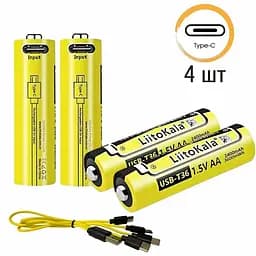 Акумулятор 14500 LiitoKala Li-ion R6 2400mAh USB-T36 1.5V (4шт. АКБ + кабель) - мініатюра 2