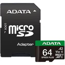 Карта пам'яті ADATA microSDXC Speed Plus 64Gb Class 10 UHS-1 A2 V30 + SD адаптер (UD64GUI3V30A2SP-RA1) [162137]