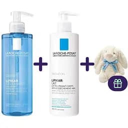 Набір La Roche-Posay: Очищувальний гель Lipikar Gel Lavant 400 мл + Молочко для тіла Lipikar для сухої та дуже сухої шкіри 400 мл + Подарунок. Дитяча іграшка-зайчик 