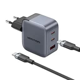 Зарядний пристрій Vention 2xUSB-C PD70W + 1xUSB QC3.0 22.5W GaN + cable USB-C to USB-C 1.0m black gray (TZ-FEXH0-EU) - мініатюра 2