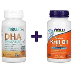 Набор: рыбий жир для детей Now Foods Kid's DHA с фруктовым вкусом 100 мг 60 капсул + рыбий жир Now 500 мг 60 желатиновых капсул