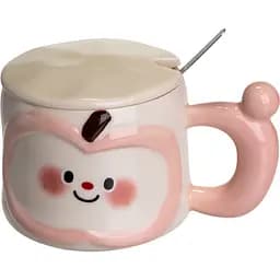 Чашка порцелянова Cute Apple 400 мл з кришкою та ложкою рожевий FM-25C