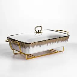 Мармитница фарфоровая Yiwu 2 л прямоугольная со стеклянной крышкой 40х22.5х15.5 см мармит на подставке для первых блюд ML525-15