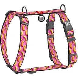 Шлейка для собак Waudog Nylon анатомическая H-образная с QR-паспортом, рисунок "Бананы на розовом", пластиковый фастекс, L