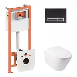 Набор Qtap инсталляция 3 в 1 Nest QT0133M425 с панелью смыва линейной QT0111M08V1091MB + унитаз с сиденьем Swan QT16335178W, Белый