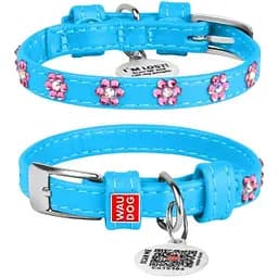 Нашийник для собак Waudog Glamour шкіряний з QR паспортом, з клейовими стразами Квіточка, XS, Ш 9 мм, Дов 18-21 см (4820082498702)