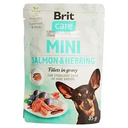 Беззерновой влажный корм для собак миниатюрных пород Brit Care Mini pouch лосось и сельдь в соусе 85 г