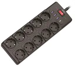 Подовжувач-фільтр мережевий 2E 10xТип F, 3x1.5мм кв, 16A, з захистом від перенапруги, 3xUSB-A, 1xUSB-C, 3м, чорний