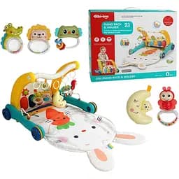 Дитячі ходунки-каталка трансформер з килимком у вигляді зайчика з брязкальцями, синього кольру