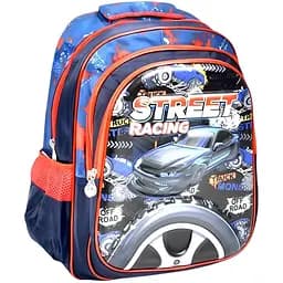 Дитячий рюкзак FG240502001A з трьома відділеннями та принтом машини, синій