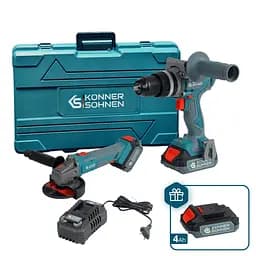 Konner & Sohnen Набір із двох акумуляторних інструментів KS IDAGB 20V SET 1 PLUS 20В шурупокрут-дриль ударний, шліфмашина кутова KS AGB20V-125VR, ЗП 2.4А акб 1х2А·год+1х4А·год кейс 8.1кг
