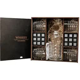 Подарунковий набір Whiskey Stones камені для віскі 18 штук + інструкція + щипці + мішечок для зберігання + 4 склянки та декантер