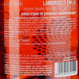 Ігристе вино Righi Lambrusco Emilia IGT, рожеве, напівсолодке, 7,5%, 0,75 л - мініатюра 3