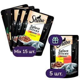 Набір вологого корму для котів Sheba, в асортименті 15 шт. + з куркою та яловичиною в соусі 5 шт. 1.7 кг (20 шт. х 85 г)