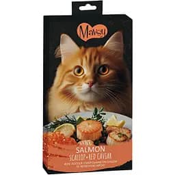 Ласощі кремові для котів Mavsy у вигляді кремоподібного пюре філе лосося з морським гребінцем та червоною ікрою 15 г