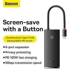 USB-хаб Baseus Lite Series 6-Port Type-C HUB Docking Station (Type-C to HDMI+USB3.0*2+PD+SD/TF) Black (WKQX050101) - мініатюра 10