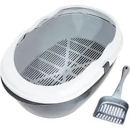 tualet-dlia-kotiv-ovalnyi-z-sitkoiu-bortykom-ta-lopatkoiu-modern-siryi-lucky-pet-45x30x15-sm