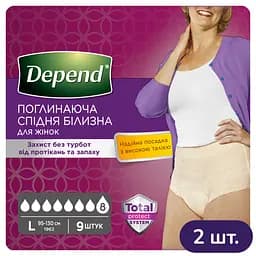 Поглинаюча спідня білизна Depend для жінок, L, 18 шт. (2 уп. х 9 шт.)