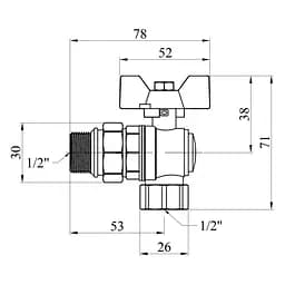 Кран-американка кульовий Kroner кутовий 1/2" ВЗ PN40 метелик, нікельований (CV033223) - мініатюра 3