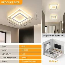 Toolight LED Стельовий світильник Square, 44W 4950LM Сучасний акриловий світлодіодний стельовий світильник білого кольору, яскраві - мініатюра 8
