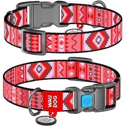 Ошейник для собак Waudog Nylon нейлоновый c QR паспортом, рисунок Этно красный, пластиковый фастекс, S, Ш 15 мм, Дл 23-35 см