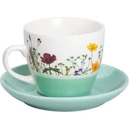 Чашка із блюдцем керамічна Liling Rongxiang Ceramic 250 мл із квітковим принтом бірюзова RX-N24723GR