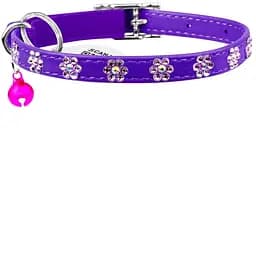 Нашийник для котів Waudog Glamour Квіточка, шкіряний, з еластичною вставкою, зі стразами, 22-30х0,9 см, фіолетовий