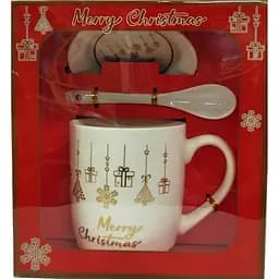Новогодняя чашка Gee! 330 мл с тарелочкой и ложкой в ​​коробке белая kr-2025-12 (2414797621)
